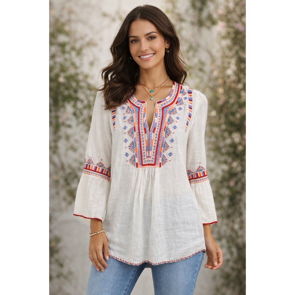 Johnny Was 3J Workshop Embroidered Boho Tunic Top White Gauze‎ Medium